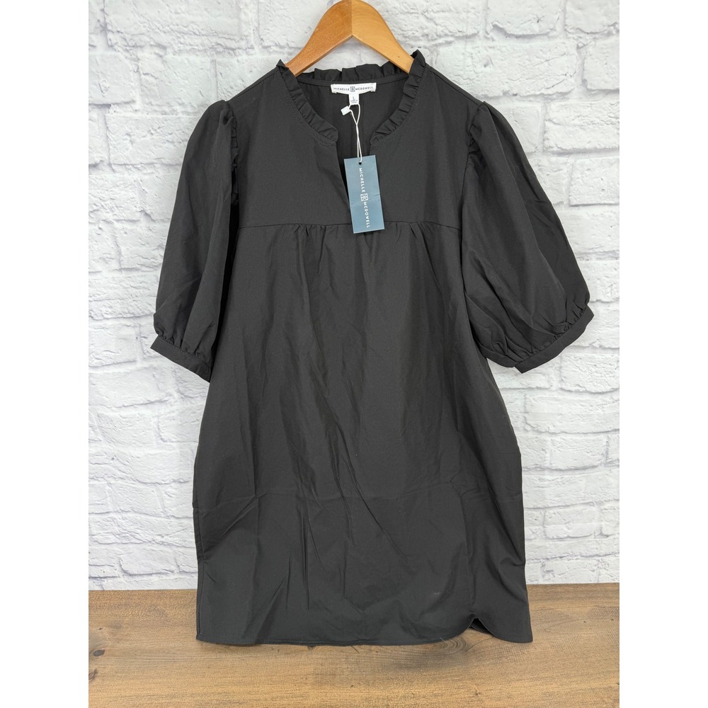 Michelle McDowell Maggie Black Puff Sleeve Ruffle Neck Mini Dress Size L NWT - Picture 2 of 9
